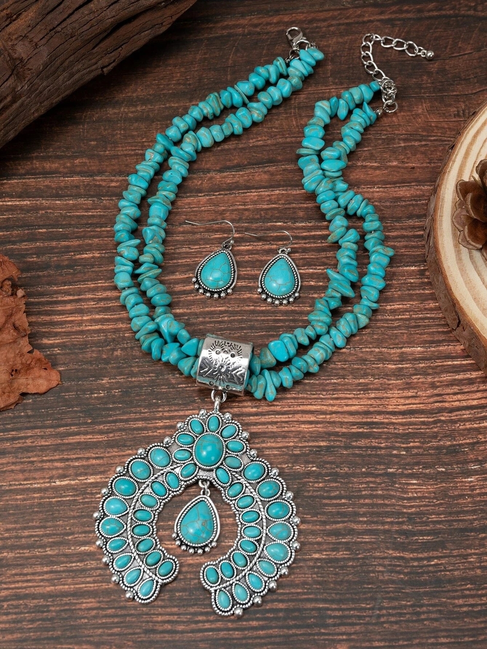 Boho Turquoise Color Bead Statement Necklace & Earrings Set